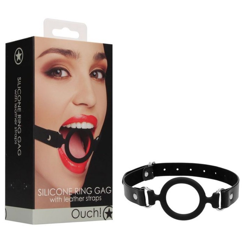Ouch! Silicone Ring Gag with Leather Strap - Black